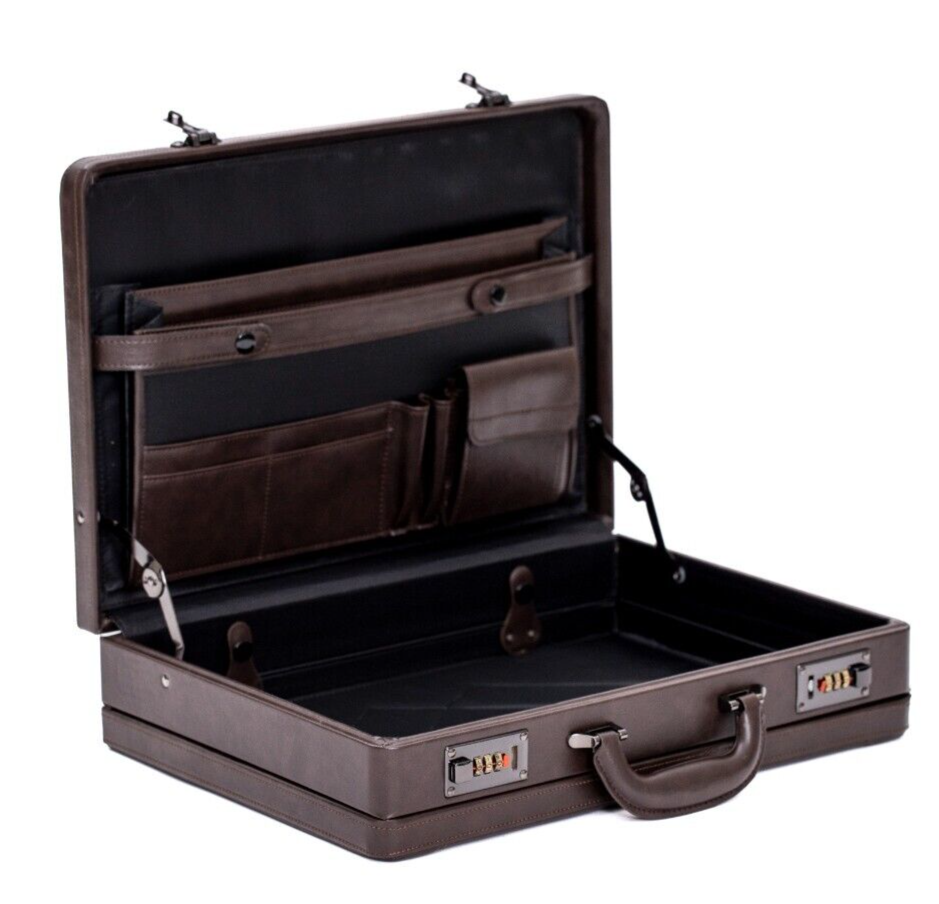 Deluxe Faux Leather Expandable Executive Attache Case Briefcase Dark Brown