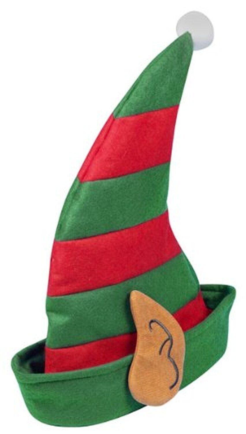 ADULT SANTA ELF HAT WITH PIXIE EARS IN RED & GREEN CHRISTMAS FANCY DRESS
