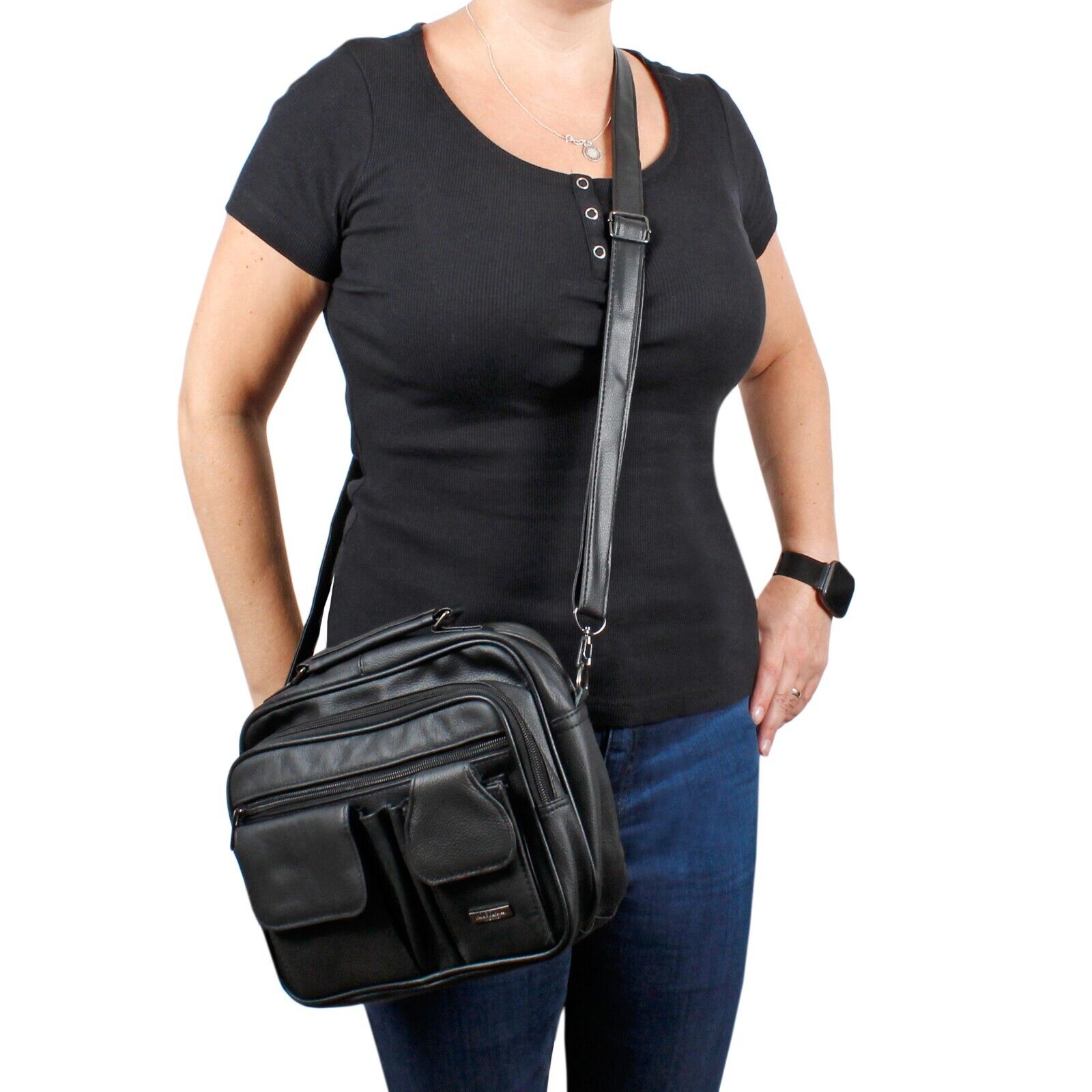 BLACK LADIES WOMENS LEATHER HANDBAG ORGANISER SHOULDER TRAVEL BAG IN COWHIDE AR
