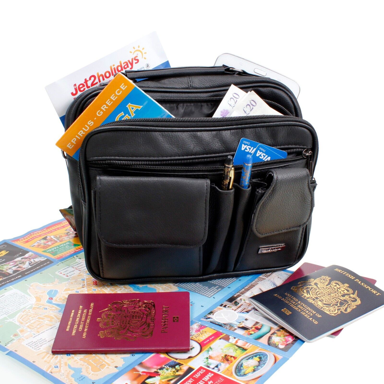 BLACK  LEATHER ORGANISER TRAVEL BAG IN COWHIDE