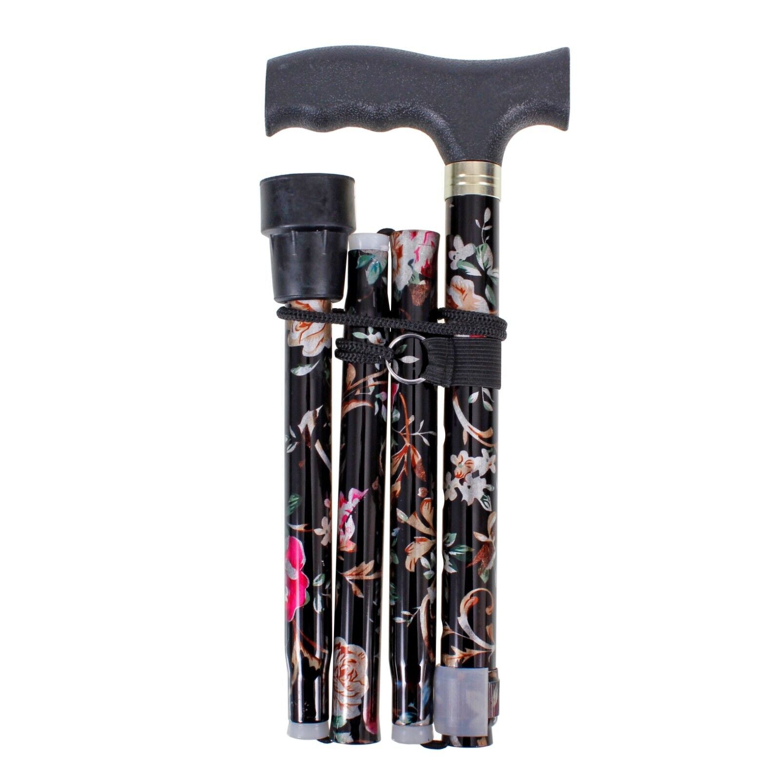 Floral Aluminium Folding Walking Stick  Ladies Women Man Black Strong