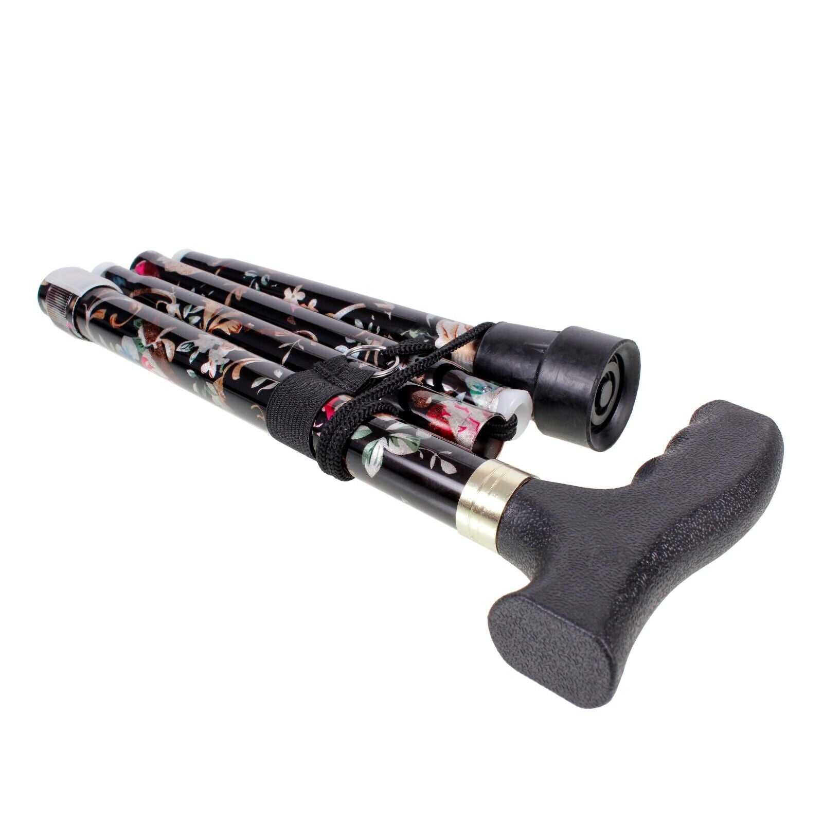 Aluminium Folding Walking Stick Floral Ladies Women Man Black Strong New