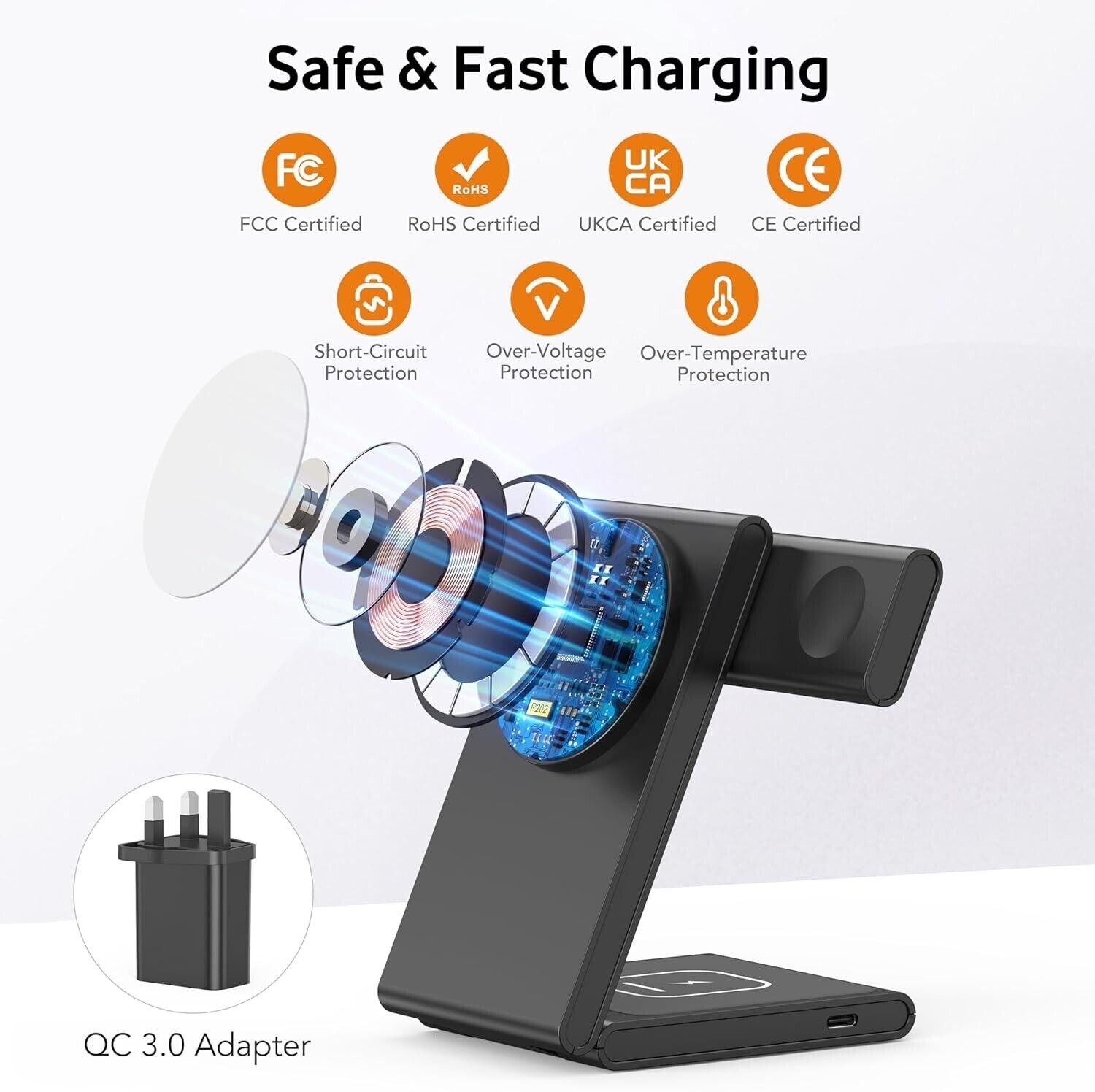 Foldable Wireless Charger Stand, 3 in 1 15W Fast Magnetic Wireless Charger