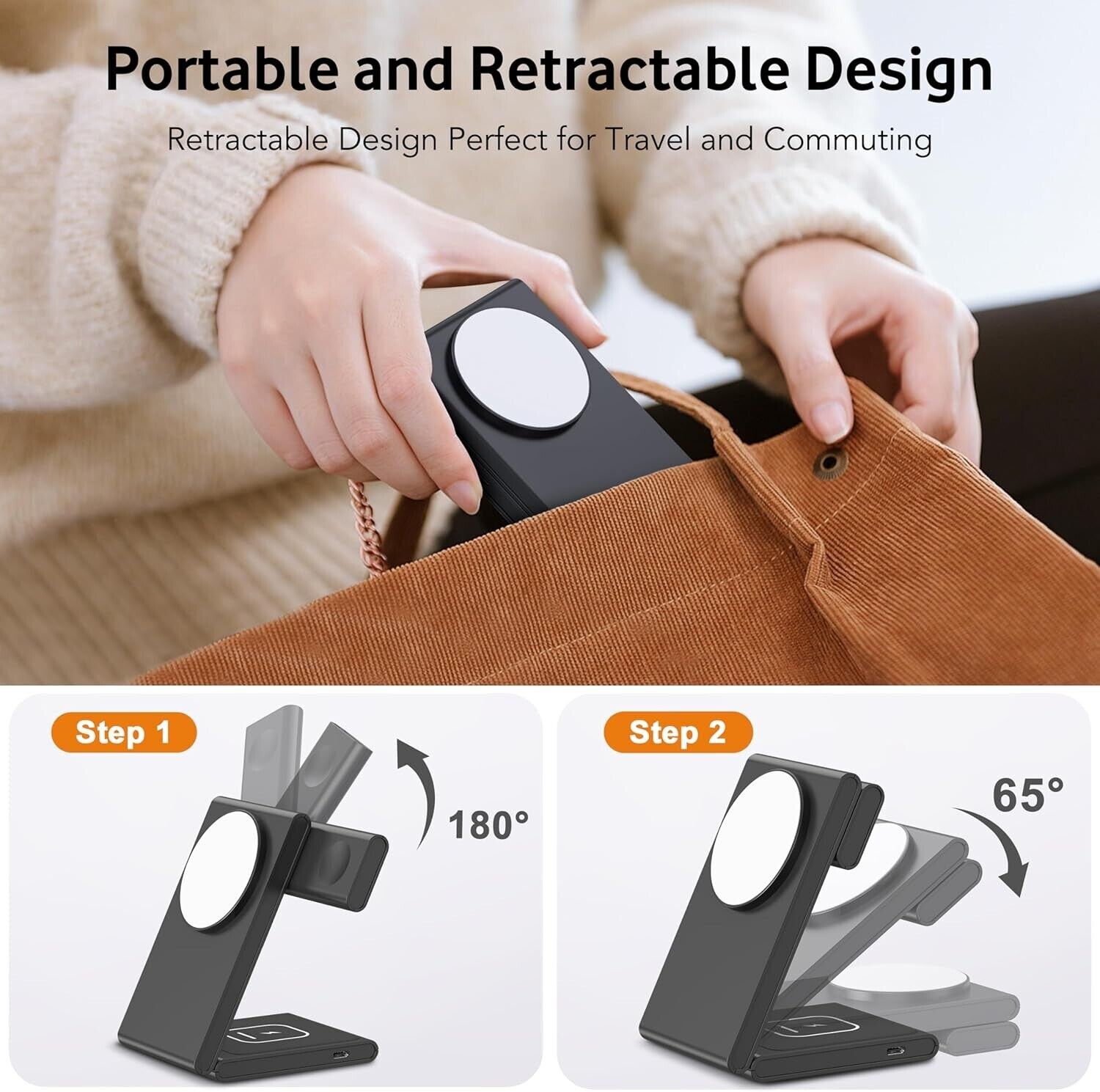 Foldable Wireless Charger Stand, 3 in 1 15W Fast Magnetic Wireless Charger Unit