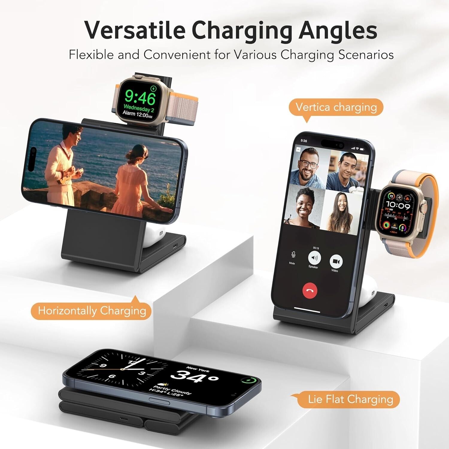 Foldable Wireless Charger Stand, 3 in 1 15W Fast Magnetic Wireless Charger