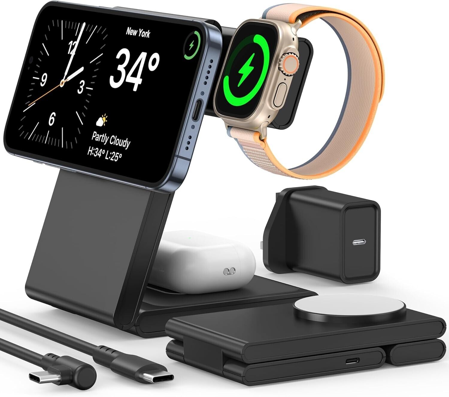 Foldable Wireless Charger Stand, 3 in 1 15W Fast Magnetic Wireless Charger Unit