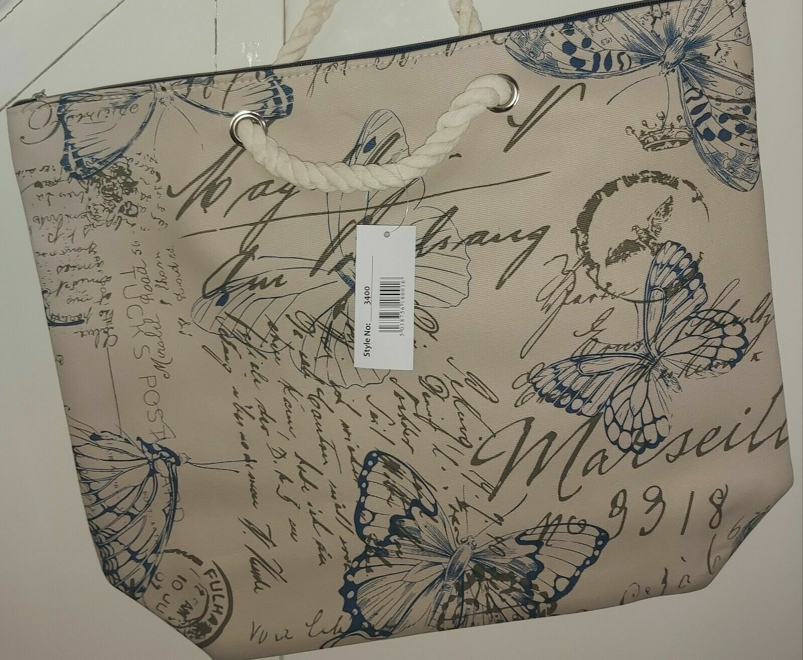 BEACH BAG CANVAS SHOPPING BAG TOTE / ROPE HANDLES