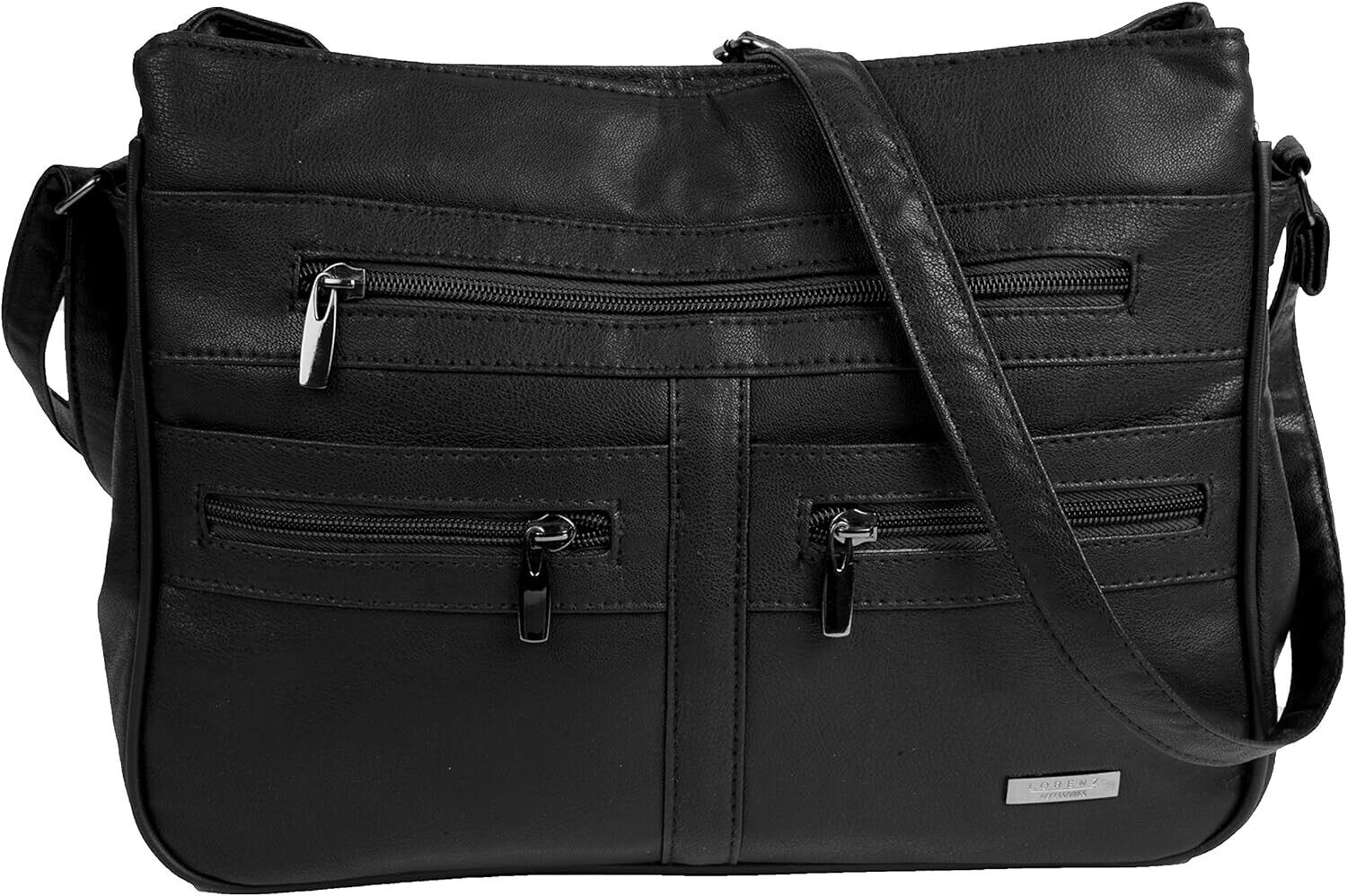 Black Handbag / Shoulder Bag with 7 Zip Compartments & Double Zip Top Vegan