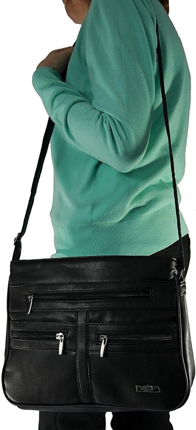 Black Handbag / Shoulder Bag with 7 Zip Compartments & Double Zip Top Vegan