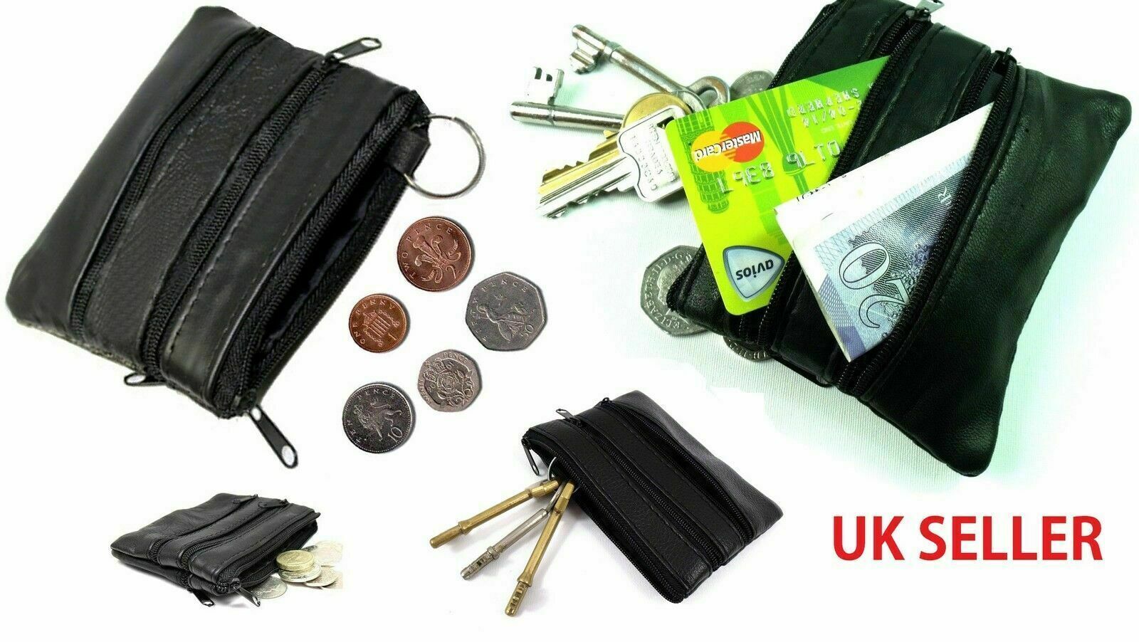 BLACK LEATHER COIN POUCH PURSE WALLET UK STOCK