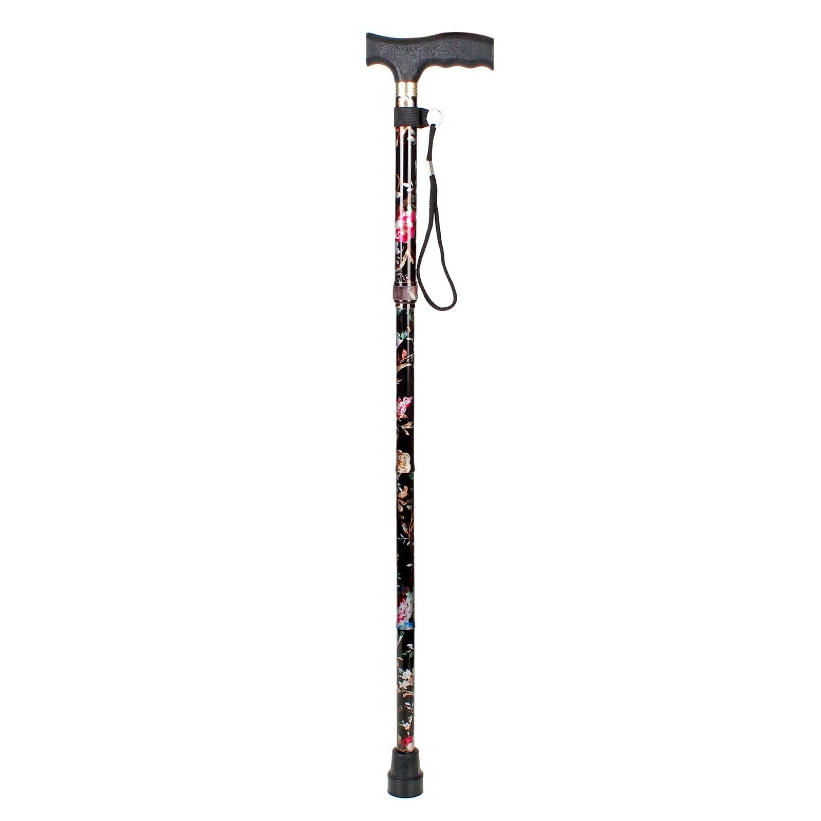 Aluminium Folding Walking Stick Floral Ladies Women Man Black Strong B