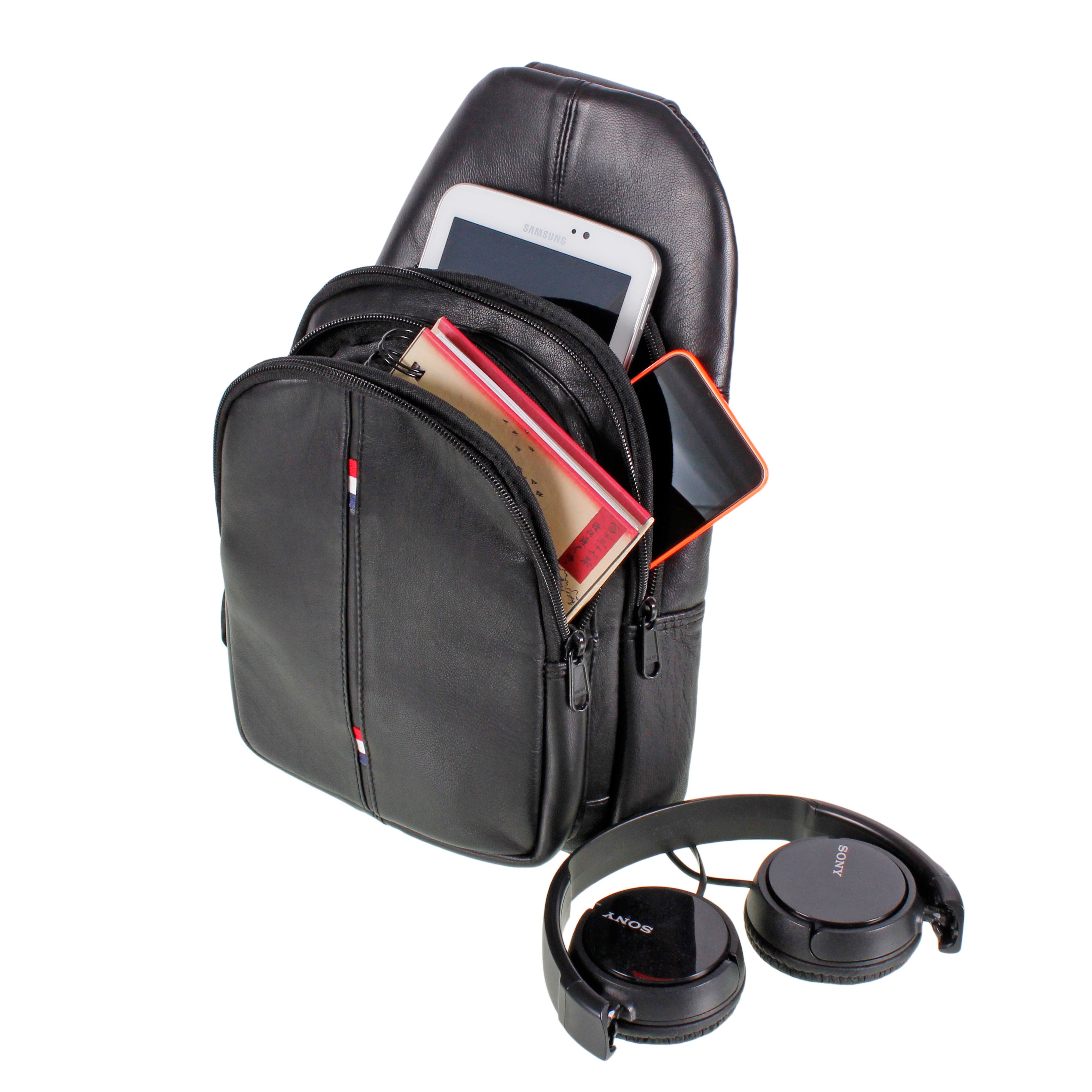 Black Mens Leather Crossbody Backpack Bag