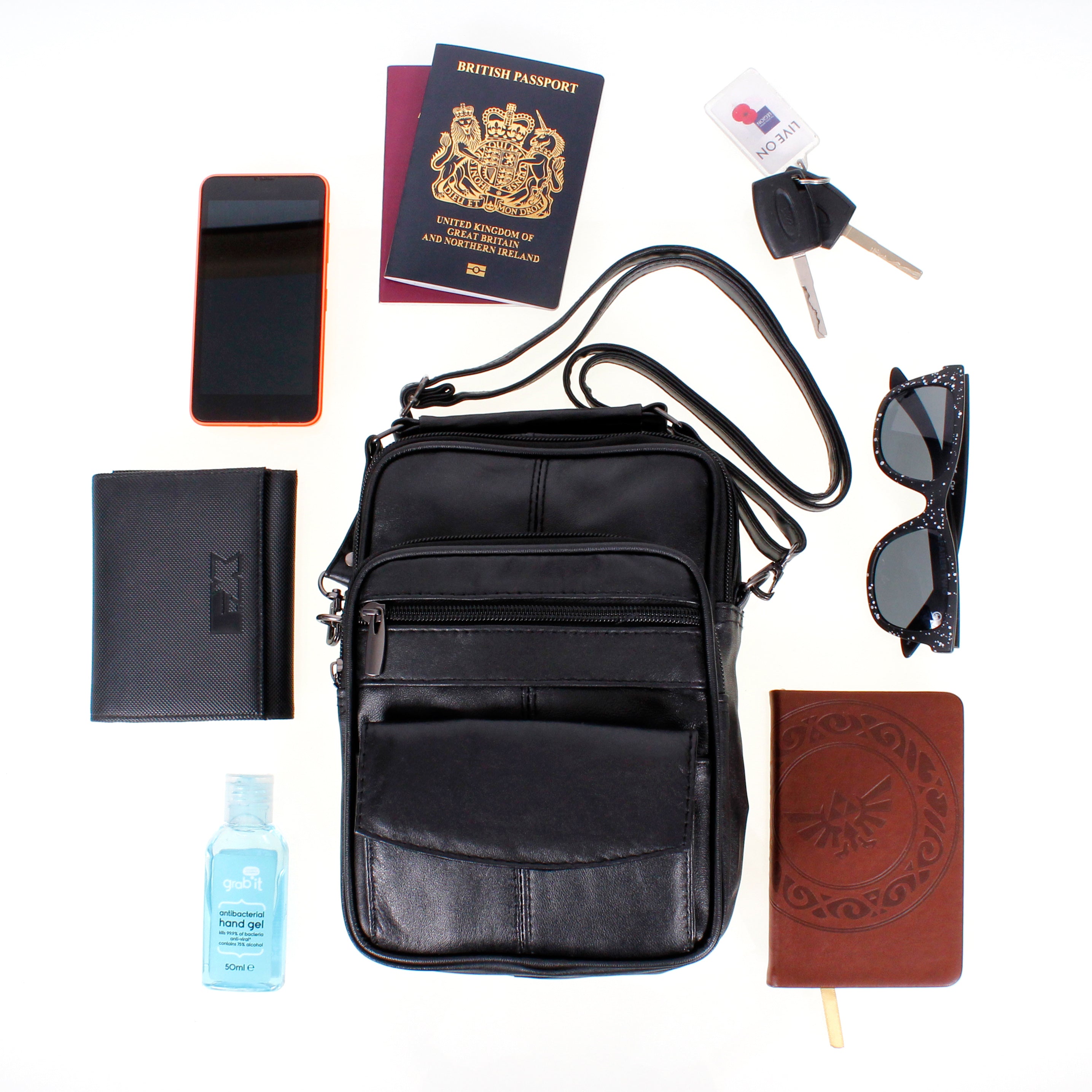 Travel Organiser Black Real Leather Shoulder Bag