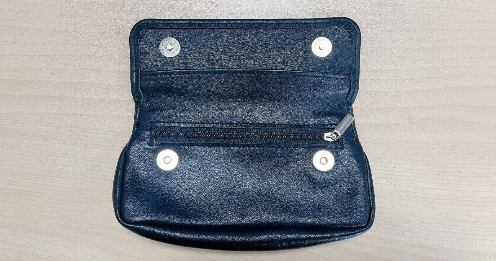 Leather Tobacco Pouch Black Magnetic buttons zipped compartment