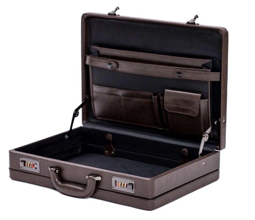 Deluxe Faux Leather Expandable Executive Attache Case Briefcase Dark Brown