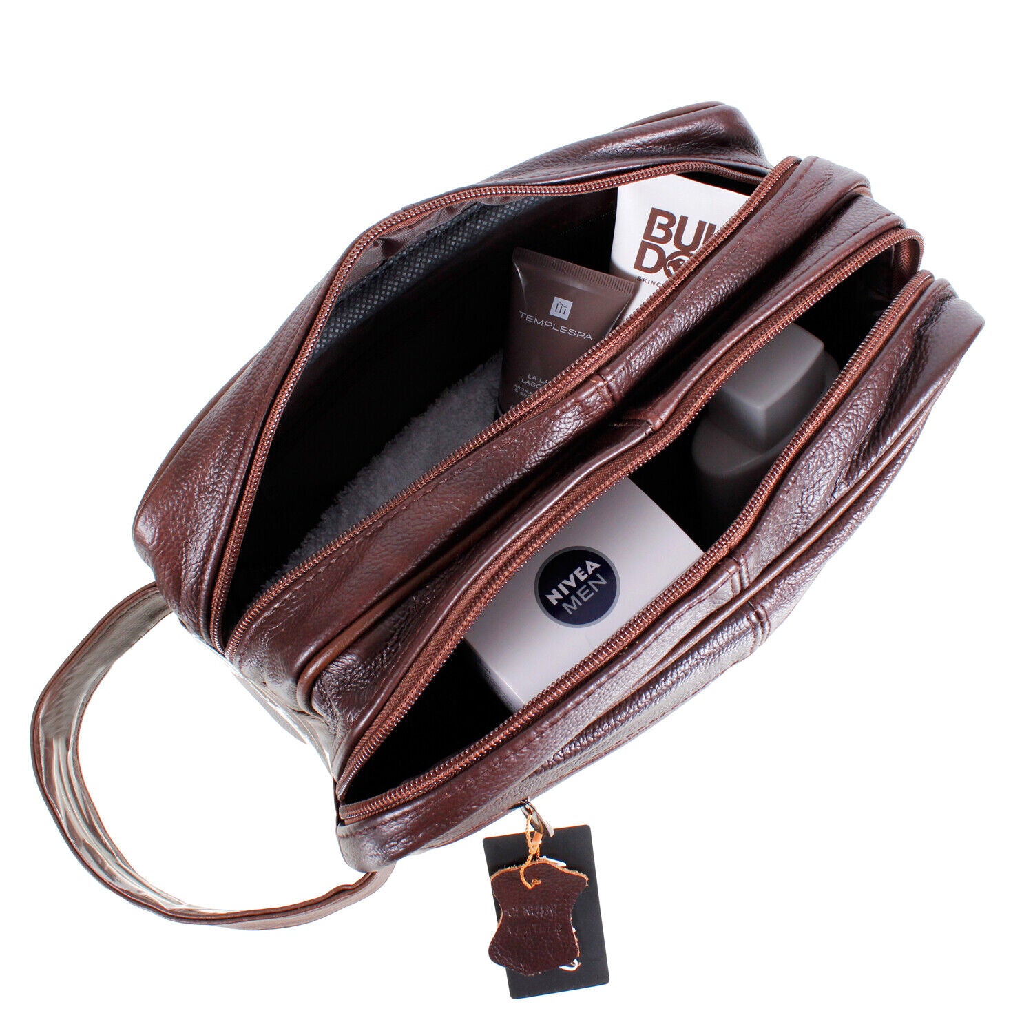 Large LEATHER WASH BAG zipped sections cowhide toiletries toiletry travel AR