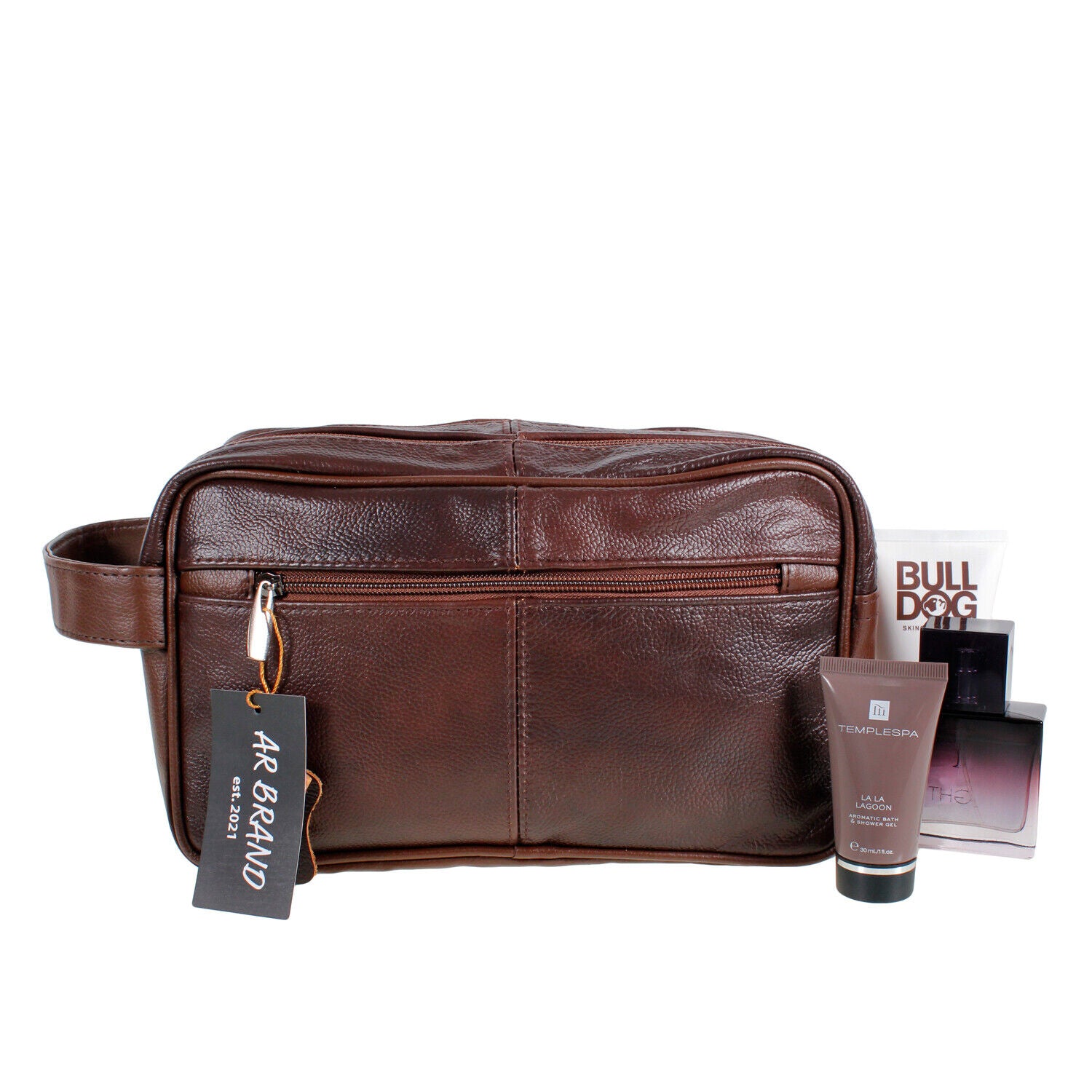 Large LEATHER WASH BAG zipped sections cowhide toiletries toiletry travel AR