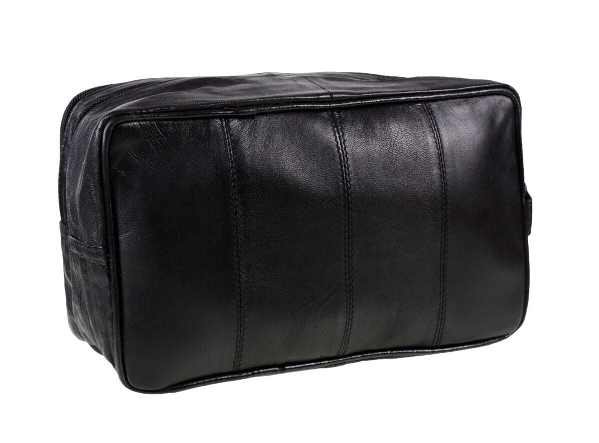 LARGE REAL LEATHER WASHBAG TOILETRY BAG TRAVEL BAG Black