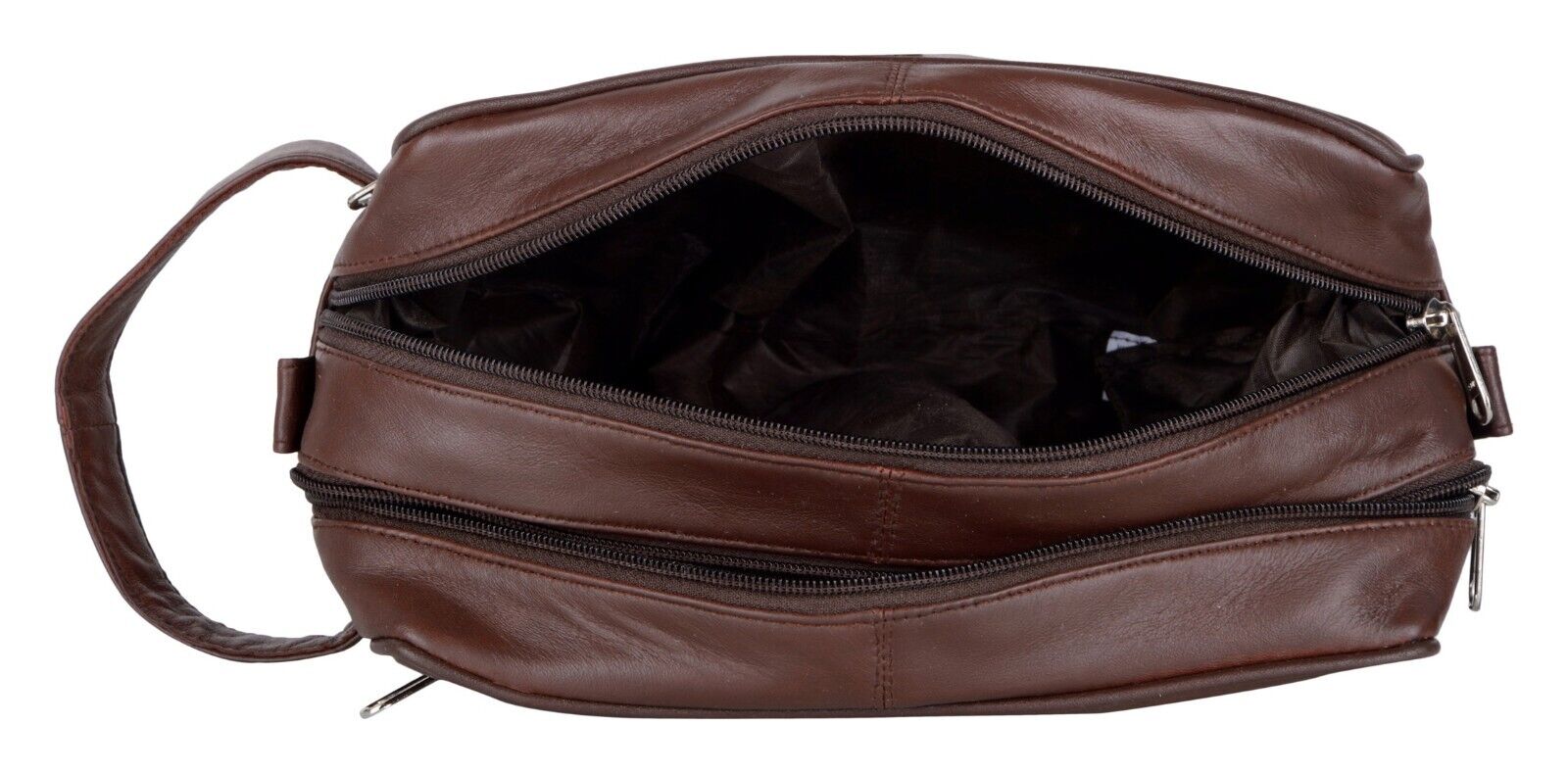 Large LEATHER WASH BAG zipped sections Brown toiletries toiletry travel