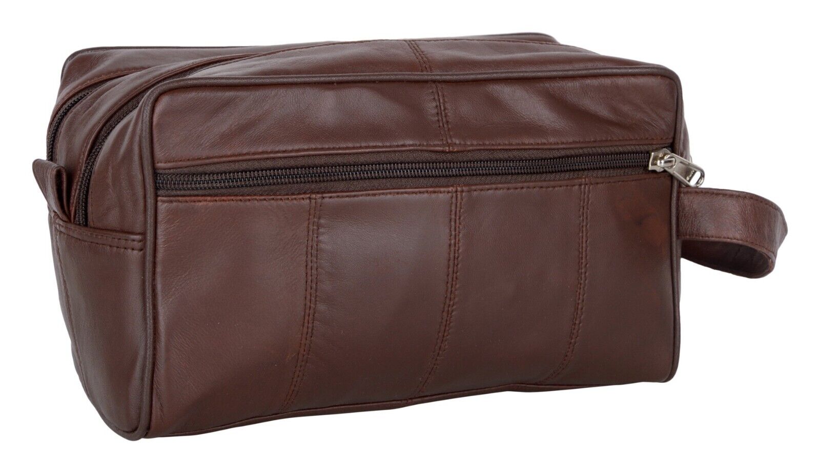 Large LEATHER WASH BAG zipped sections Brown toiletries toiletry travel