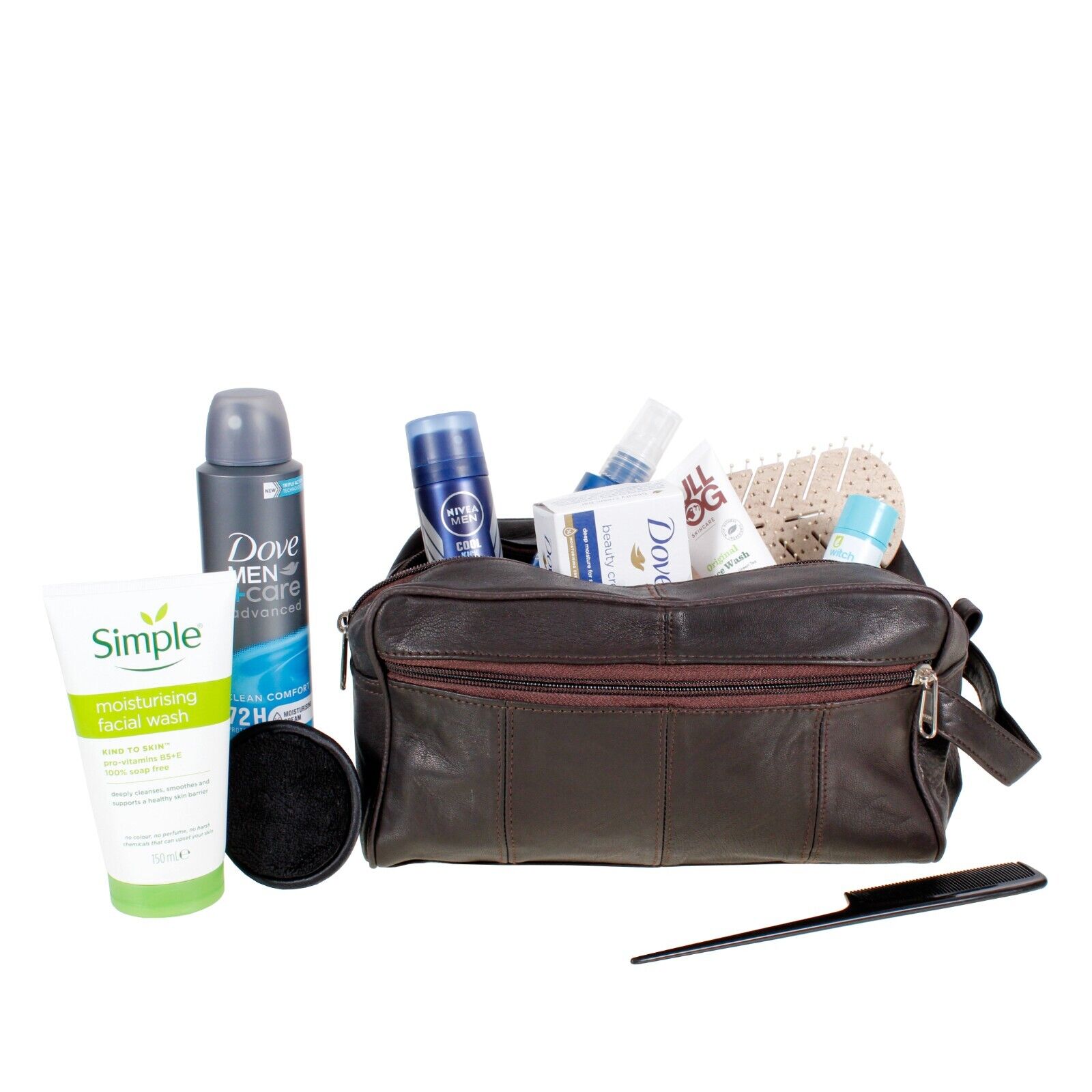 Large LEATHER WASH BAG zipped sections Brown toiletries toiletry travel GIFT