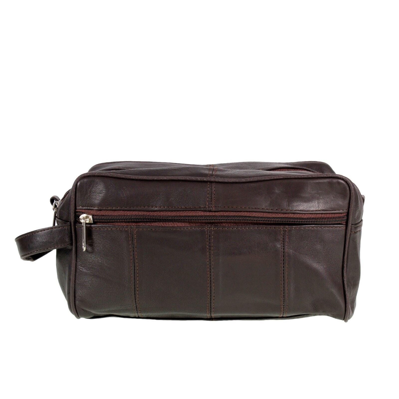 Large LEATHER WASH BAG zipped sections Brown toiletries toiletry travel GIFT
