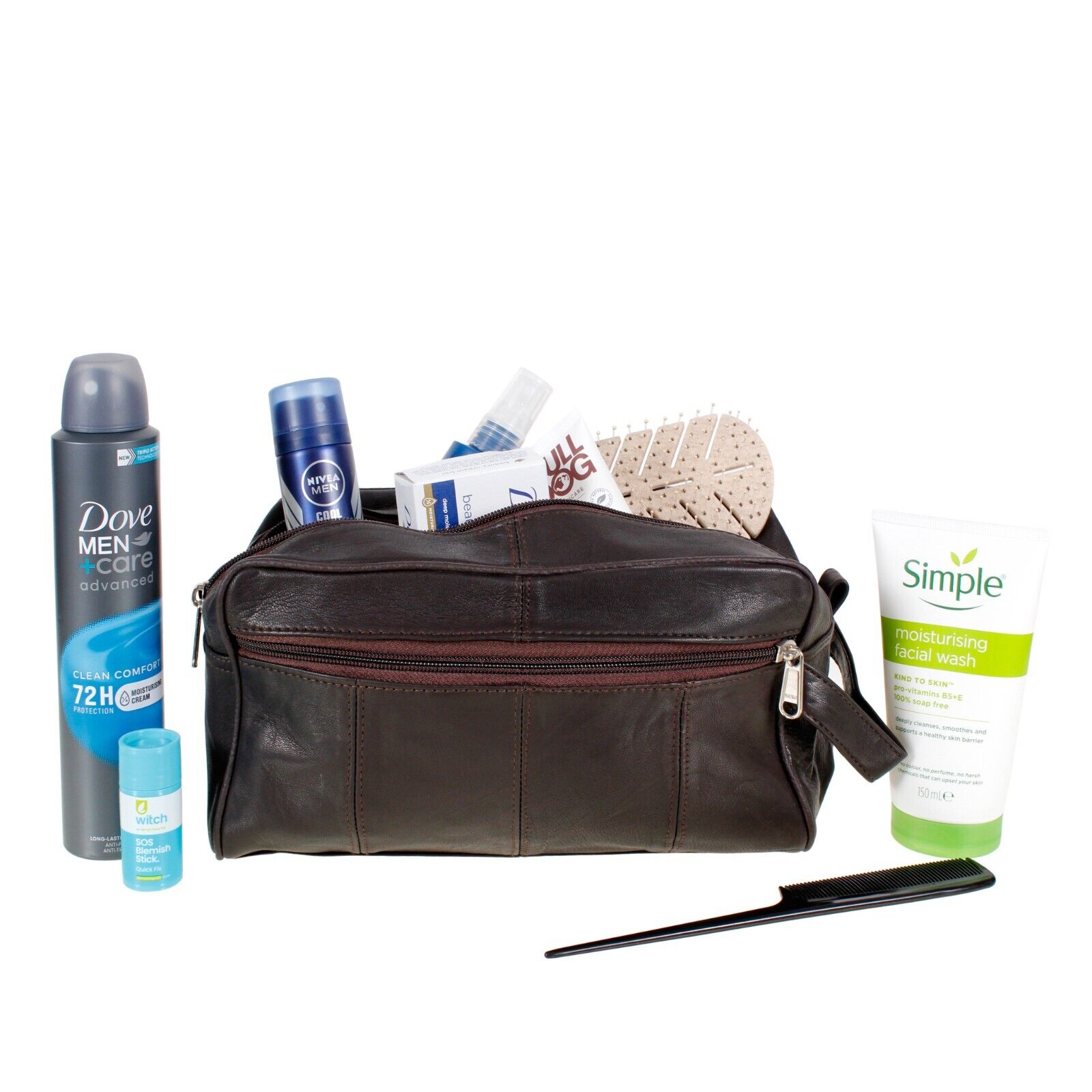 Large LEATHER WASH BAG zipped sections Brown toiletries toiletry travel GIFT