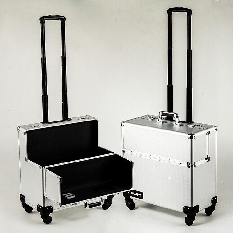 Pro Silver Metal Aluminium Pilot Wheeled Trolley Case Hard Briefcase 4 Wheel