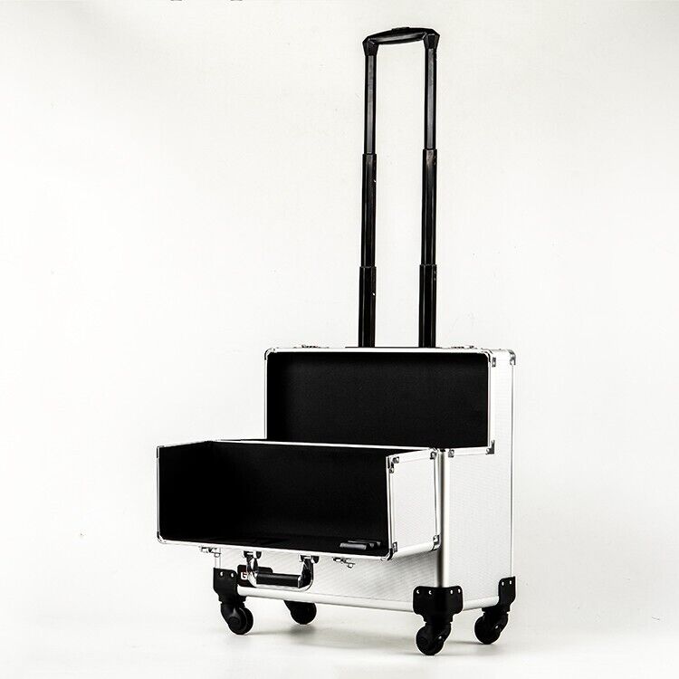 Pro Silver Metal Aluminium Pilot Wheeled Trolley Case Hard Briefcase 4 Wheel