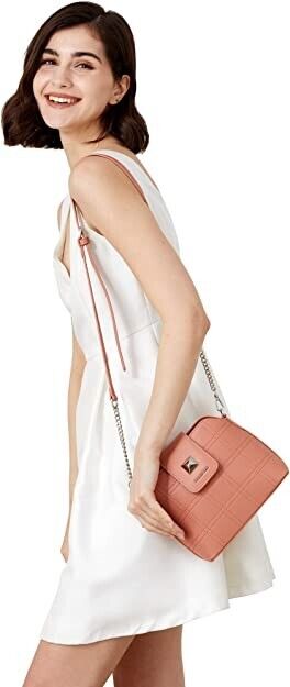 Small Cross Body Purse Decorated with Pyramid-Shaped Clasp and Square Patterns