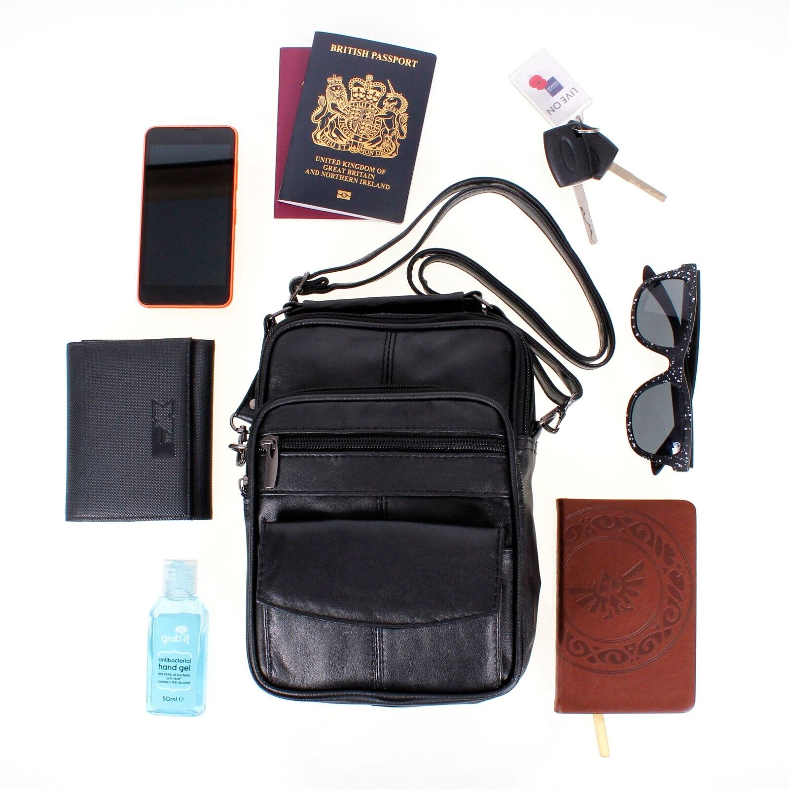 Travel Organiser Black Real Leather Shoulder Bag