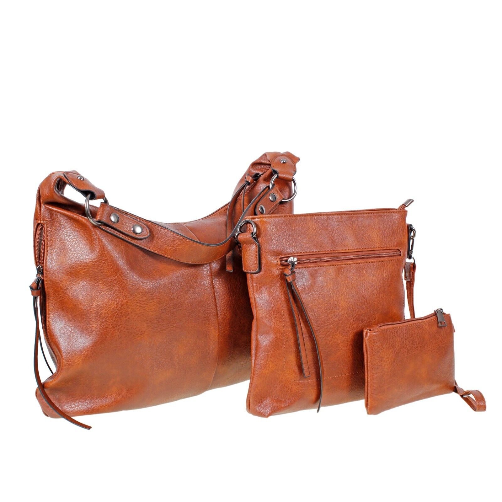 Women Ladies Handbag Vegan Leather Shoulder Tote Bag SET OF 3 Brown