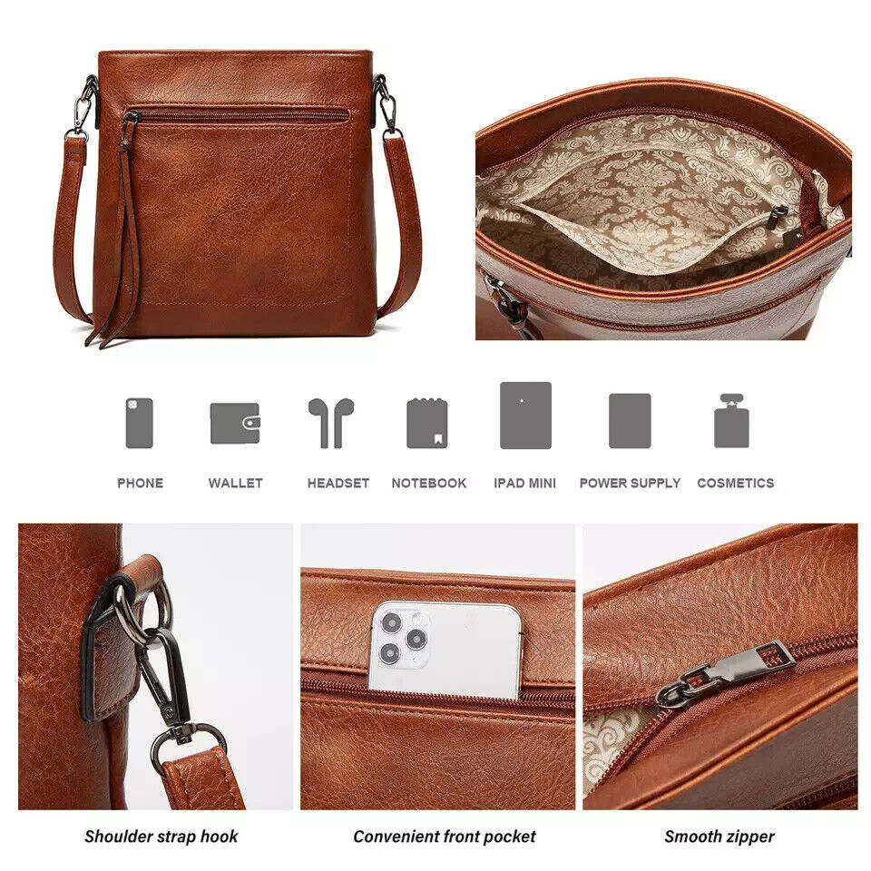Women Ladies Handbag Vegan Leather Shoulder Tote Bag SET OF 3 Brown
