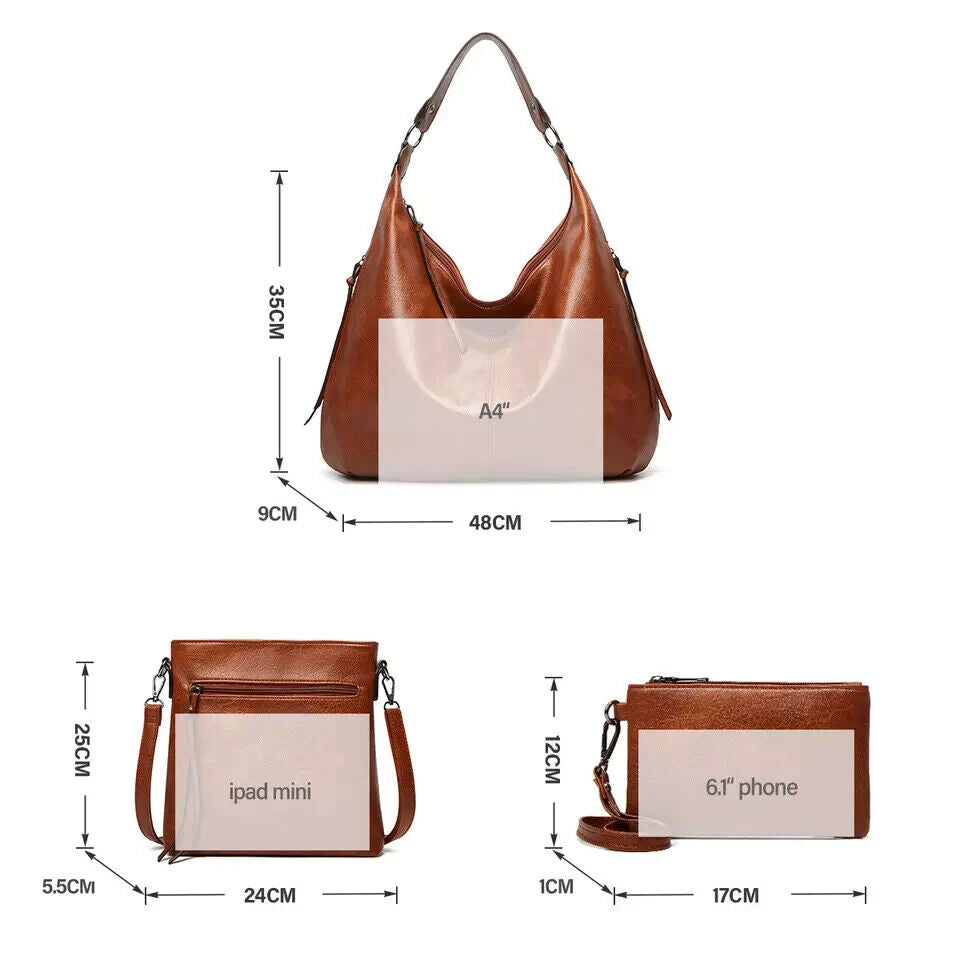 Women Ladies Handbag Vegan Leather Shoulder Tote Bag SET OF 3 Brown