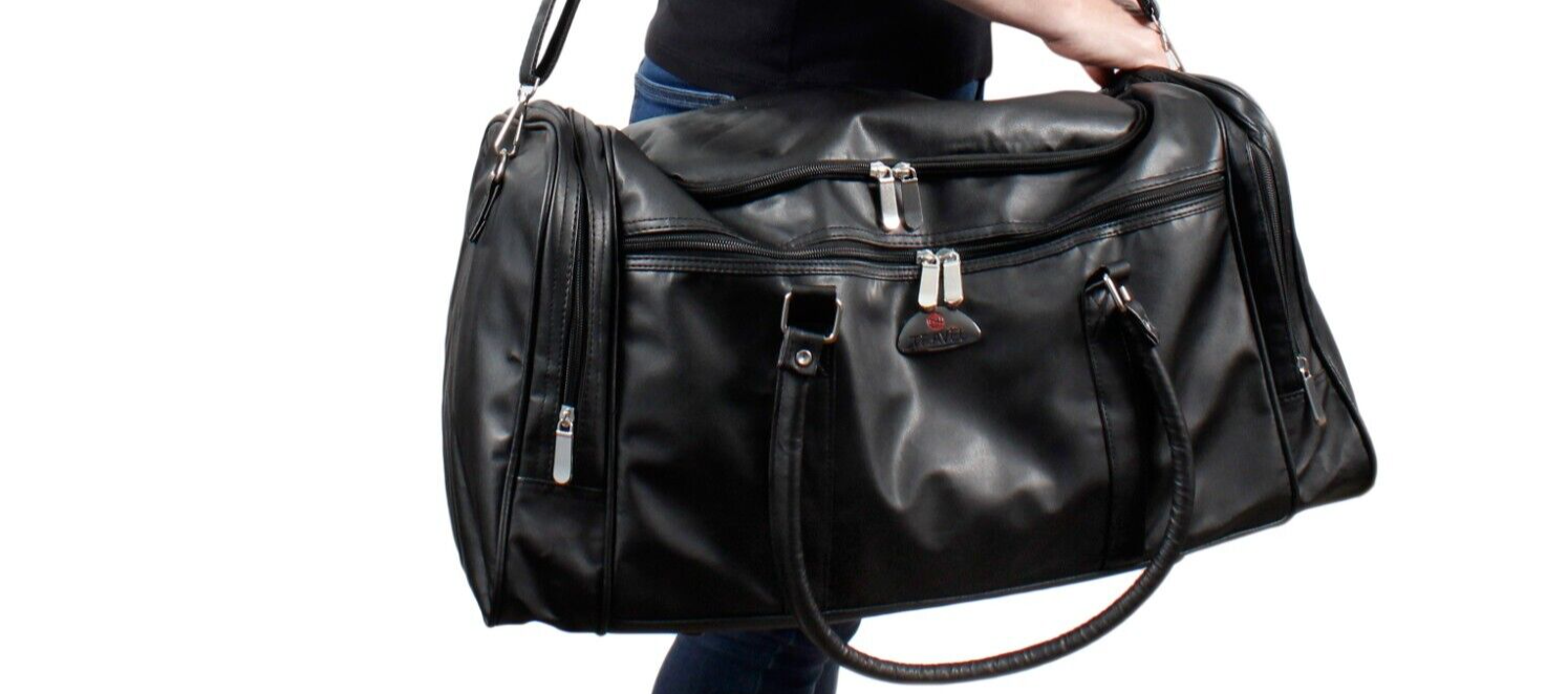 Travel Bag Holdall Black Leatherette Weekend Holiday Overnight Gym Duffel
