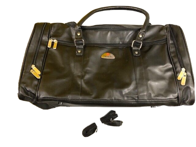 Travel Bag Holdall Black Leatherette Weekend Holiday Overnight Gym Duffel