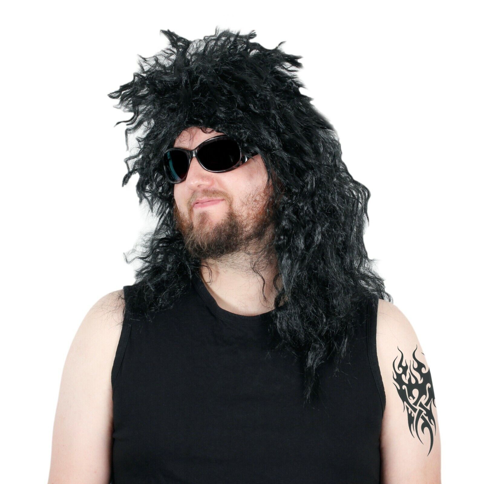 Mens Long Black Glam Rocker Wig for Adult Rockstar Fancy Dress Costume Rockstar