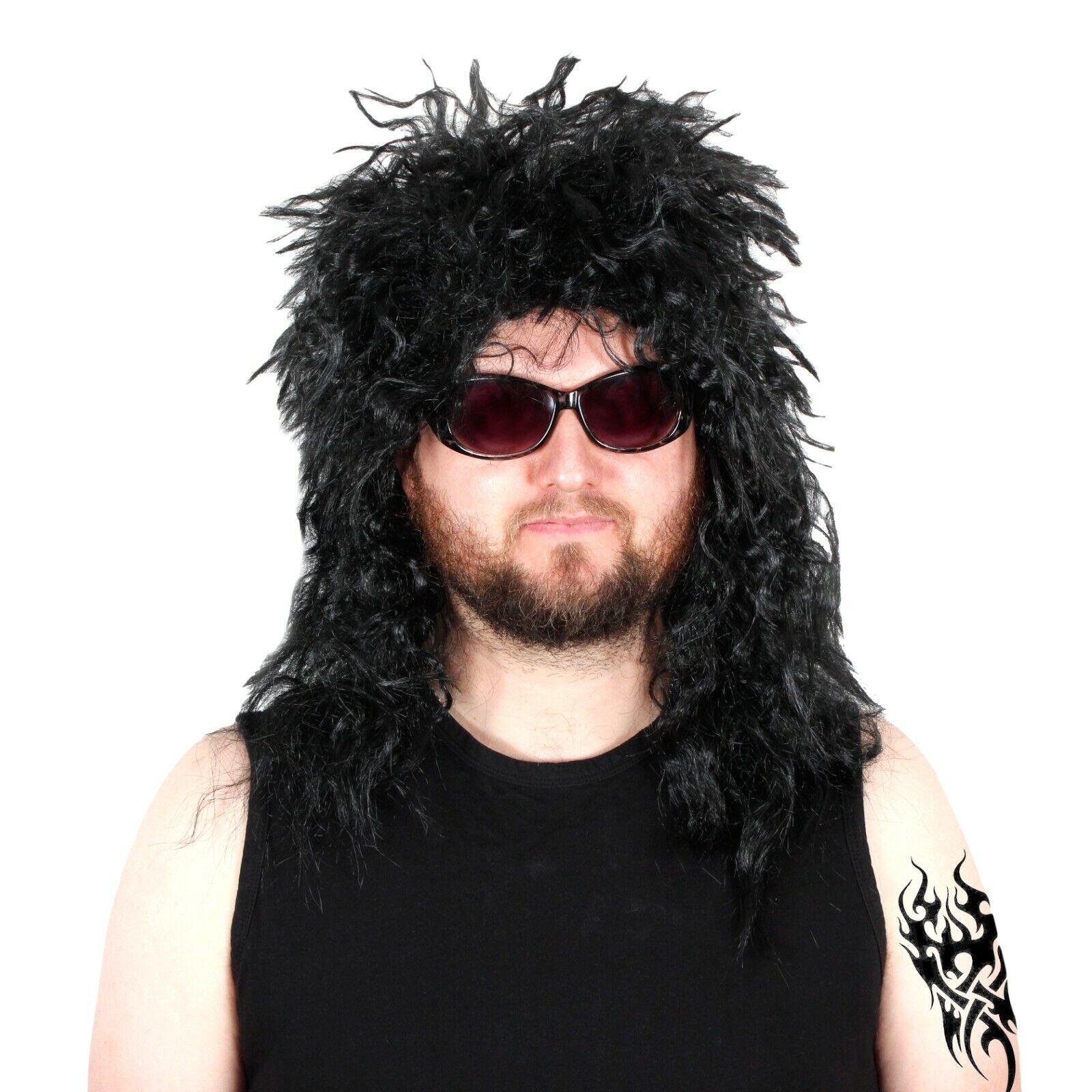 Mens Long Black Glam Rocker Wig for Adult Rockstar Fancy Dress Costume Rockstar