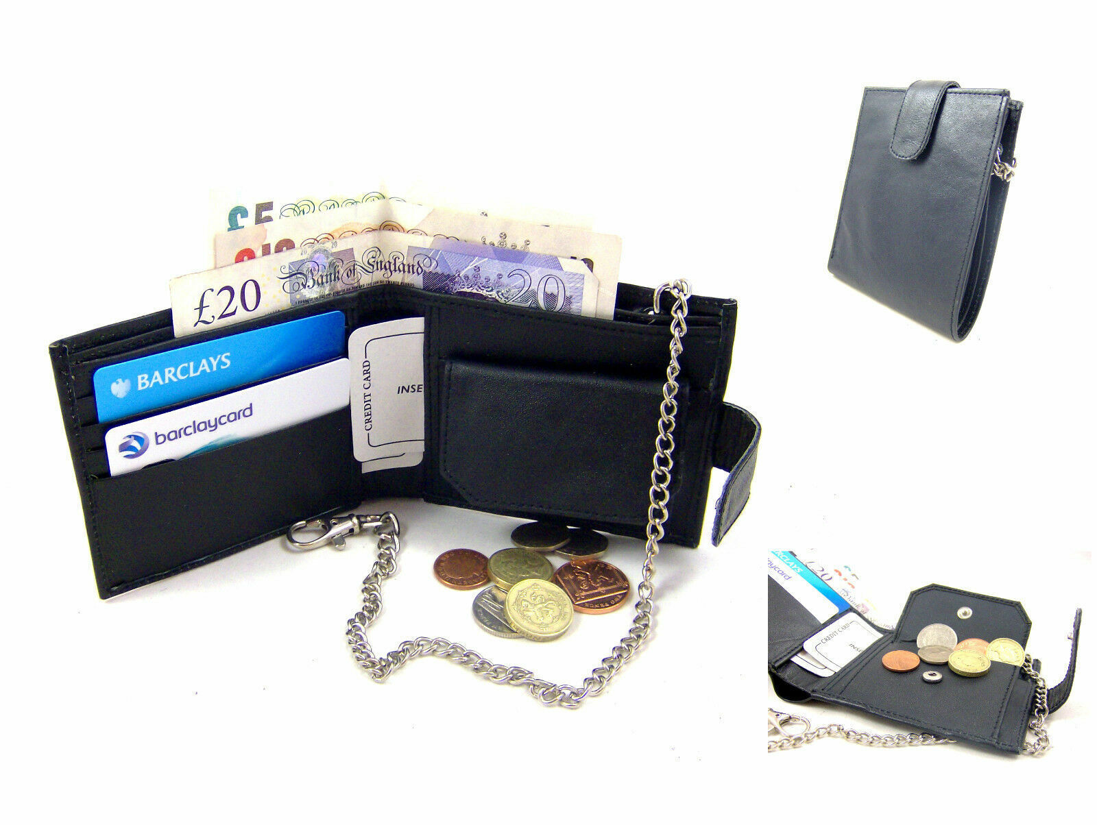 MENS BLACK LEATHER WALLET BIFOLD KEY CHAIN CREDIT CARD RFID PROTECTED