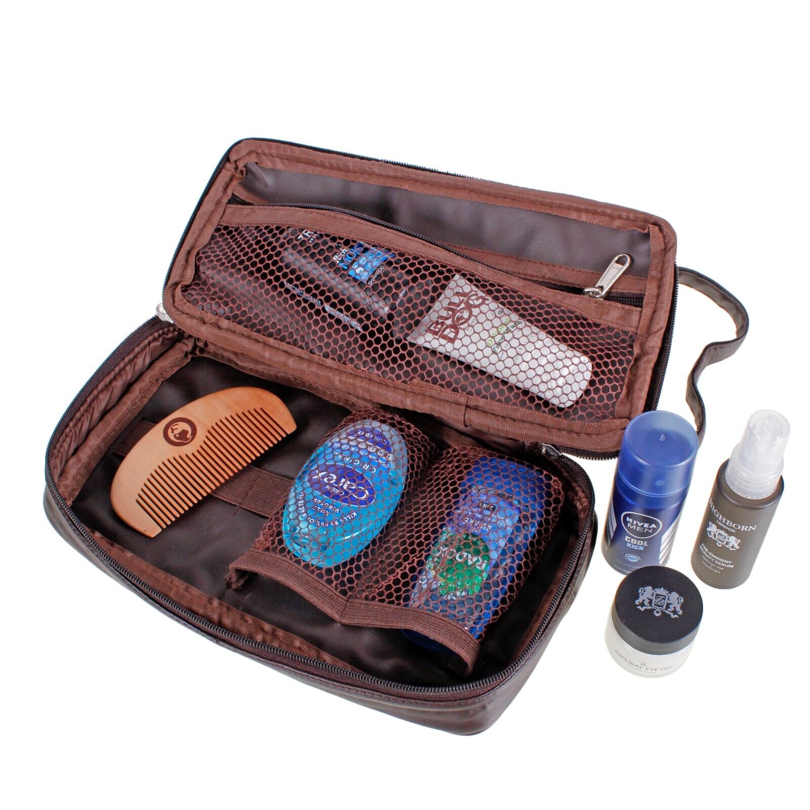 Mens Brown Toiletry Wash Bag Travel Toiletries