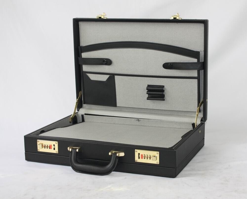 Mens Leather Black Briefcase with Combination Golden Lock Pro Executive