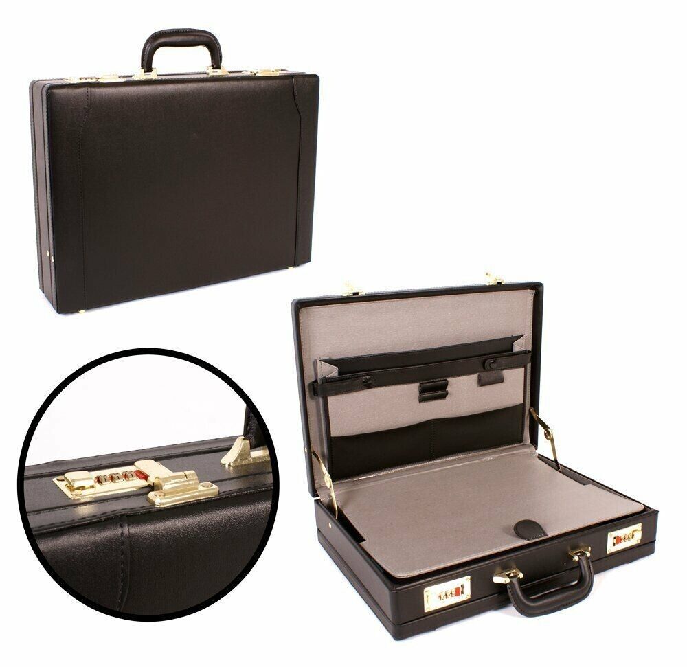 Mens Leather Black Briefcase with Combination Golden Lock Pro Executive