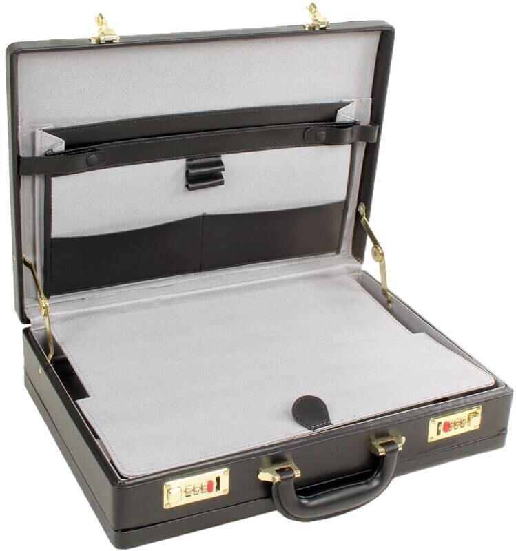 Mens Leather Black Briefcase with Combination Golden Lock Pro Executive