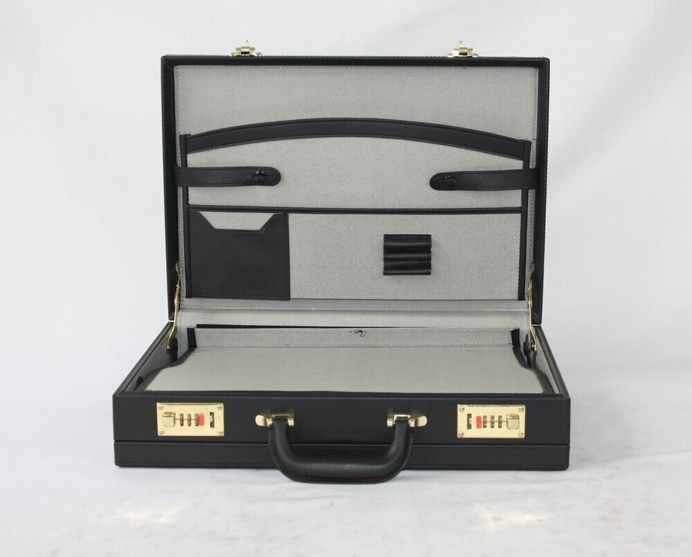 Mens Leather Black Briefcase with Golden Lock AR Executive Pro PR Office