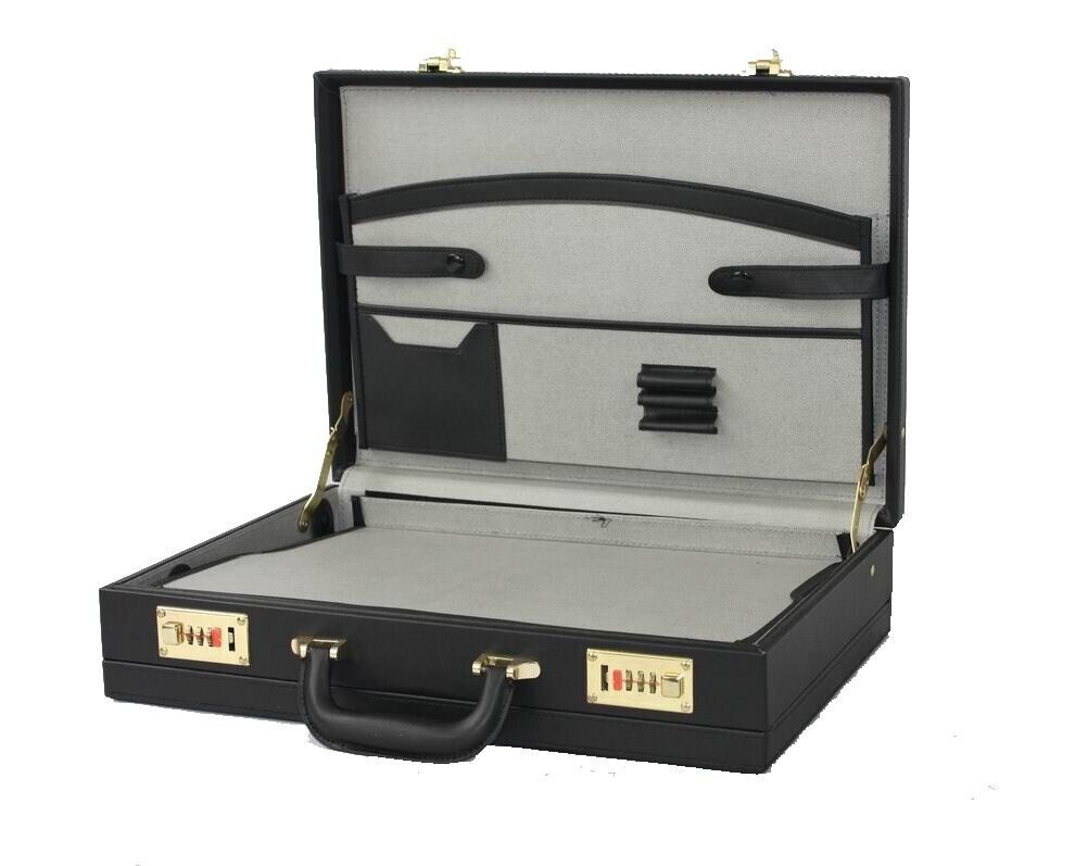 Mens Leather Black Briefcase Case with Golden Lock AR Executive Business