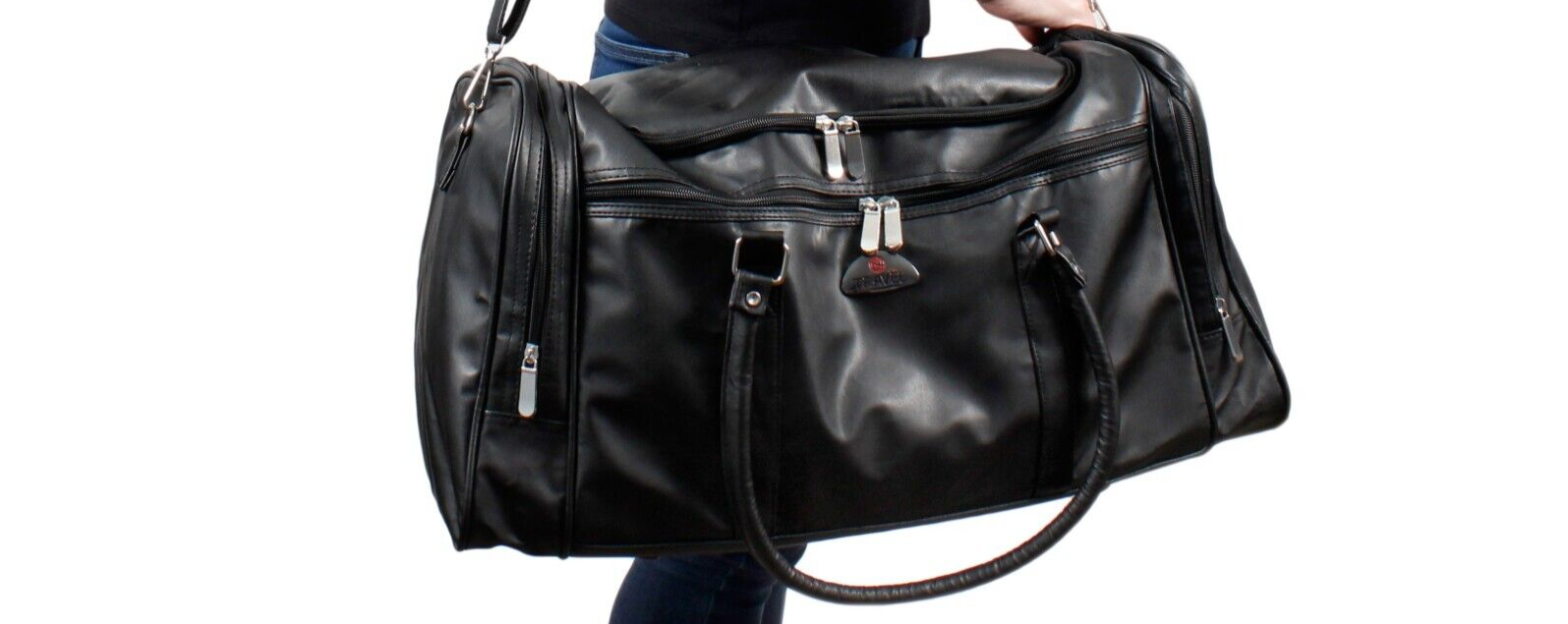 Travel Bag Holdall Black Leatherette Weekend Holiday Overnight Gym Duffel SALE