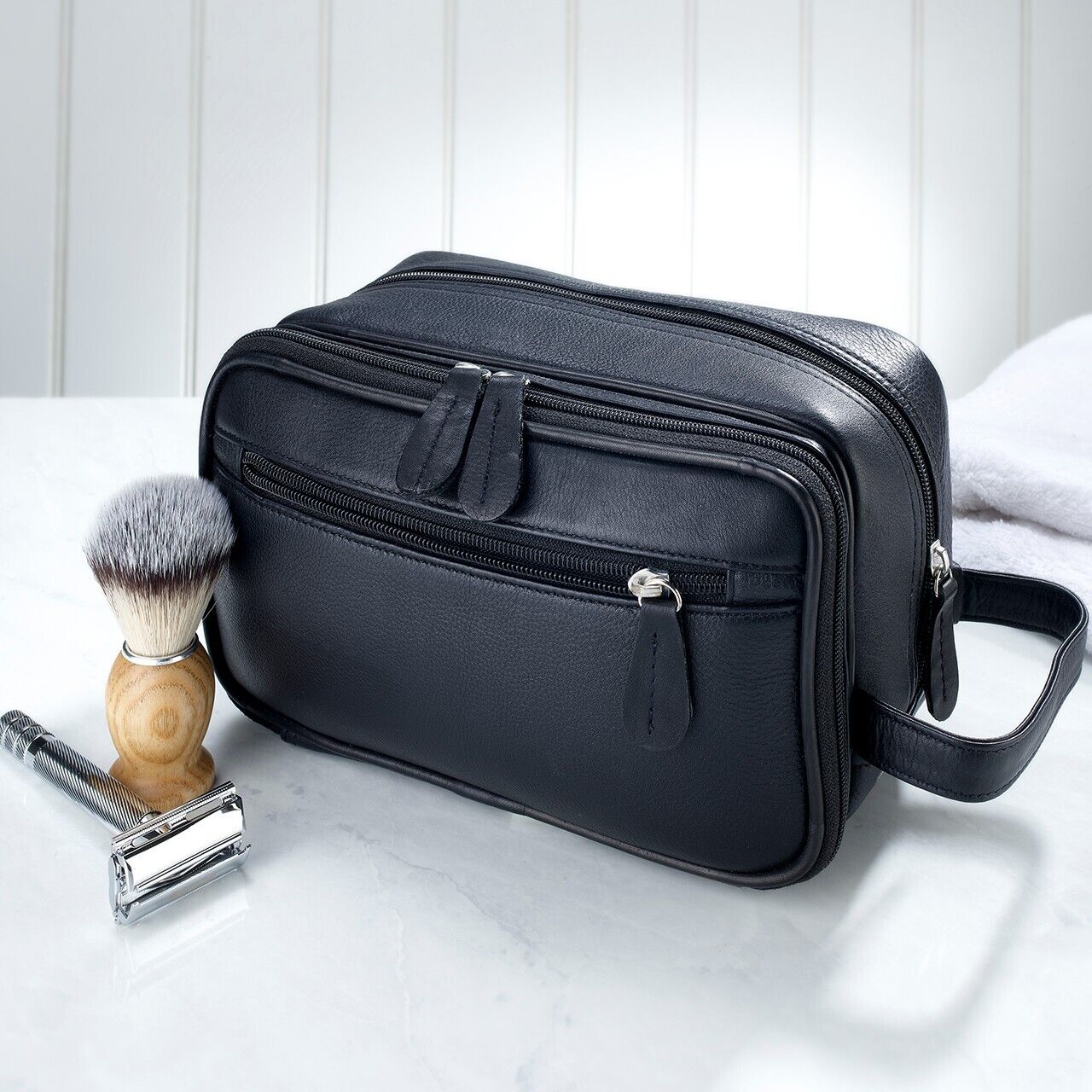Premium Mens Toiletry bag washbag Real Leather Quality Deluxe in a SATIN bag b