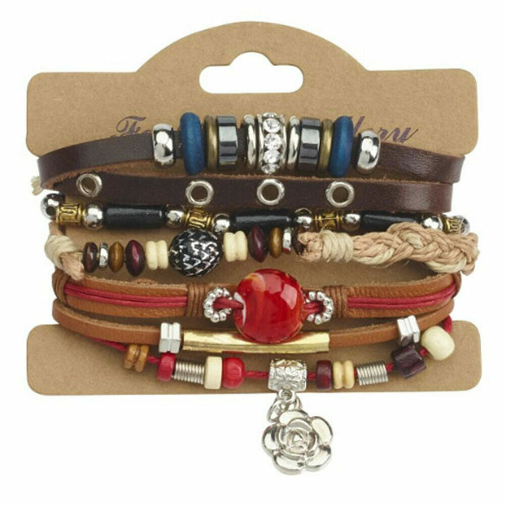 Mens Gents Leather Bracelet Surfer Wide Multi