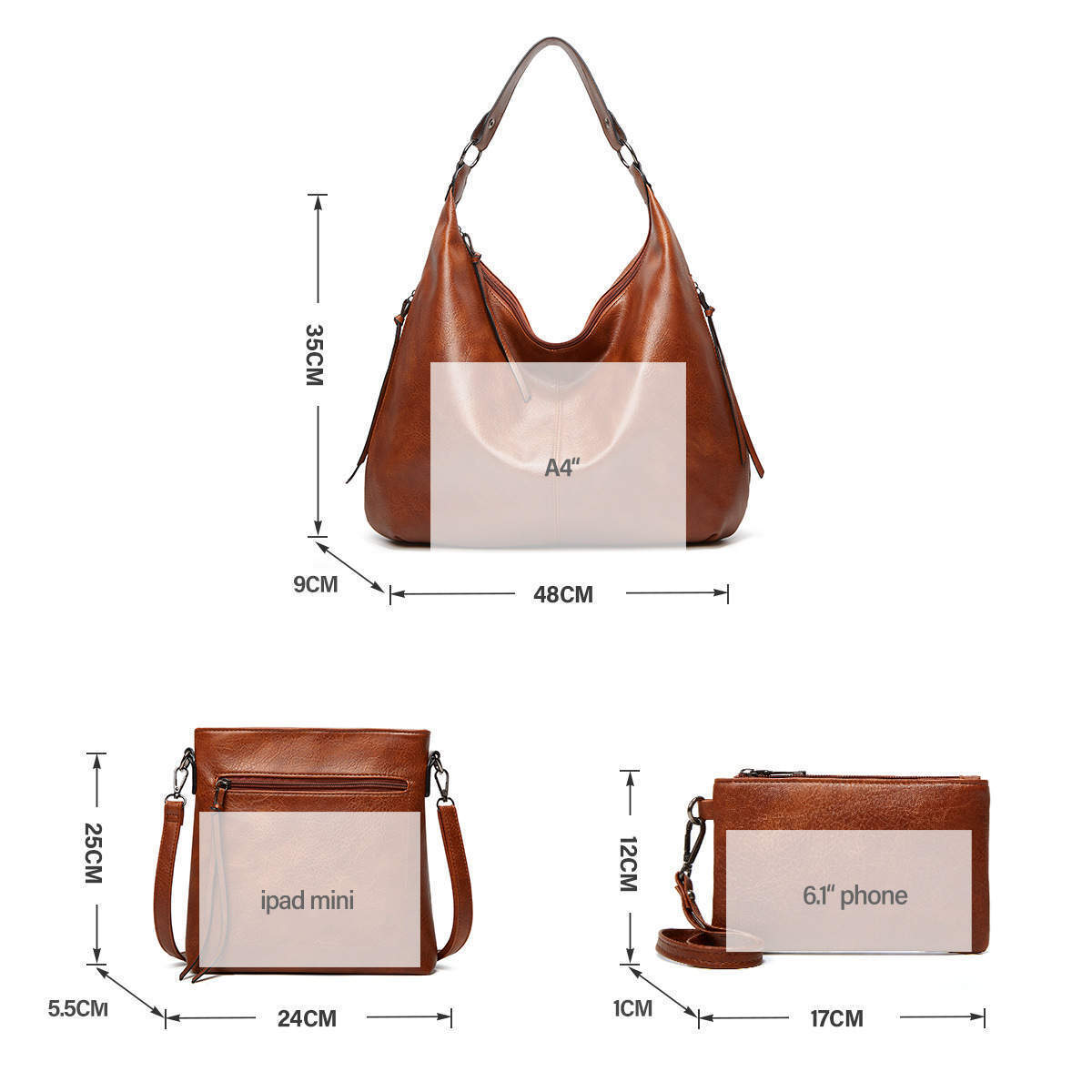 Women Ladies Vegan Leather Shoulder Handbag Tote Bag set of 3