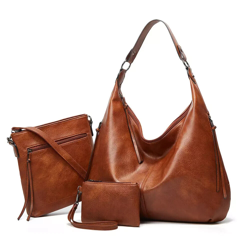 Women Ladies Handbag Brown Vegan Leather Shoulder Tote Bag SET OF 3 WITH STRAP